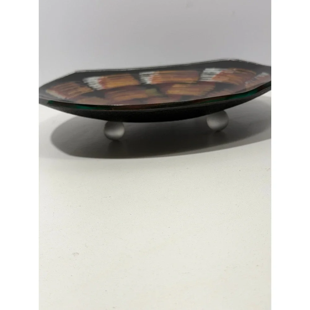Signed Studio Art Glass Hand Painted Abstract Swirl Plate Black Gold‎ 11.5 Inch